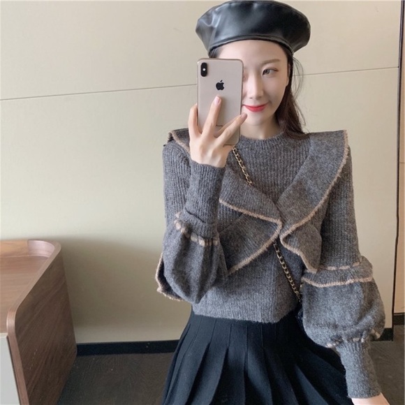 Grey ruffled crop sweater - Picture 3 of 7